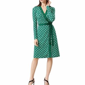 Hobbs London Jasmine Wrap Dress Green Geometric Print Belted Work Office US 8